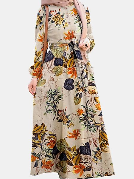 Vintage Flower Puff Sleeves O-Ausschnitt Maxi Kleid Mit Seitentasche günstig online kaufen