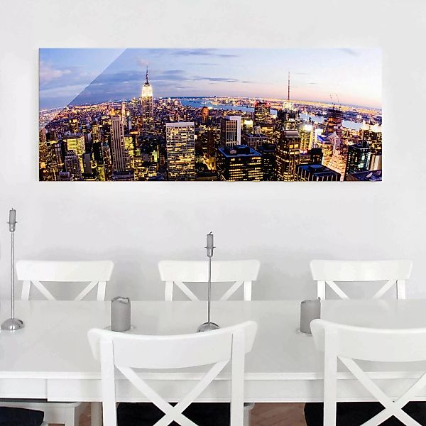 Glasbild New York - Panorama New York Skyline bei Nacht günstig online kaufen