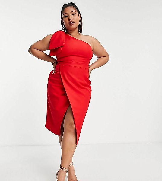 Lavish Alice Plus – Midi-Wickelkleid in Rot mit Schleifendetail an der Schu günstig online kaufen