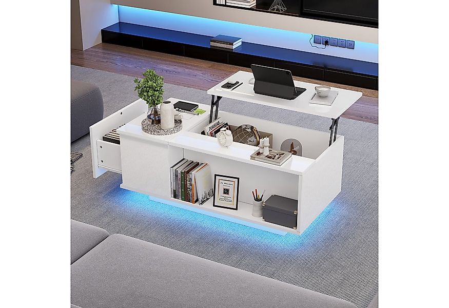 Merax Couchtisch hochglanz höhenverstellbarer Wohnzimmertisch mit LED-Beleu günstig online kaufen