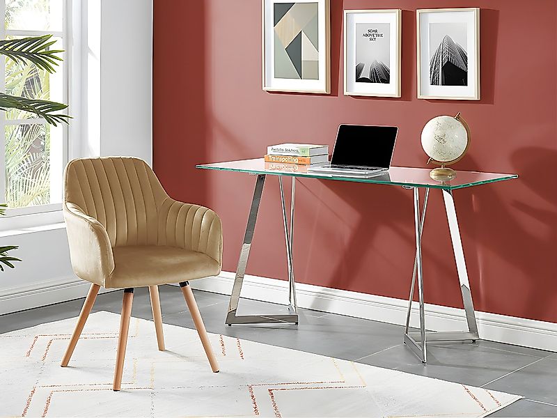 Stuhl mit Armlehnen - Samt & Metall in Holzoptik - Beige - ELEANA günstig online kaufen