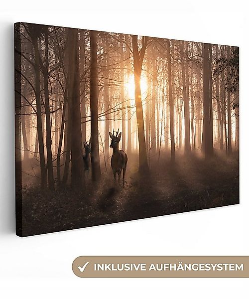 OneMillionCanvasses® Leinwandbild Wald - Hirsche - Sonne - Bäume - Winter - günstig online kaufen
