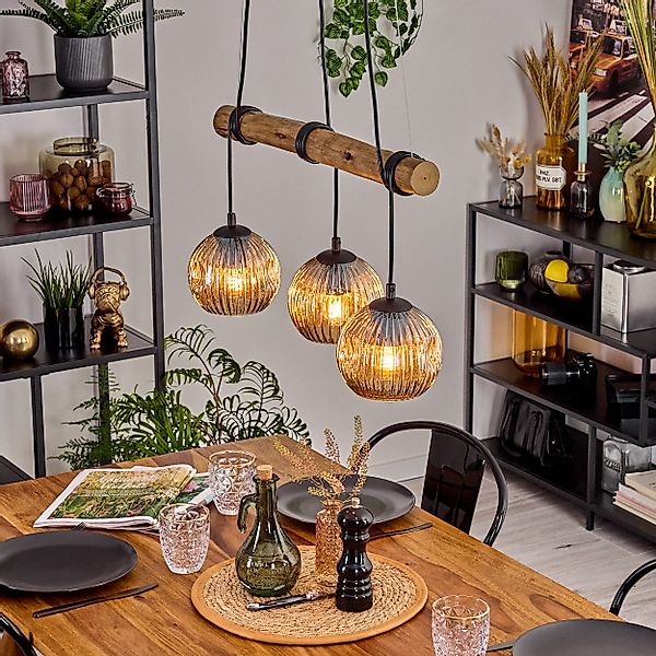 hofstein Pendelleuchte Hängelampe aus Metall/Holz/Riffelglas in günstig online kaufen