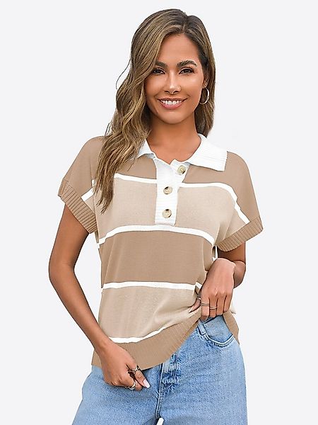 Imily Bela Kurzarmpullover Damen Gestreifter Kurzarm Strickpullover mit Kno günstig online kaufen