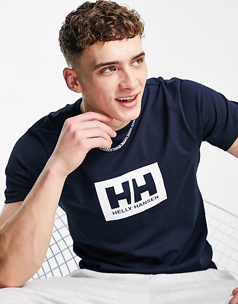 Helly Hansen – T-Shirt mit Box-Logo in Marineblau günstig online kaufen