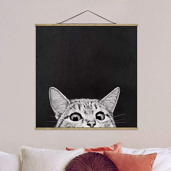 Stoffbild Tiere mit Posterleisten - Quadrat Illustration Katze Schwarz Weiß günstig online kaufen