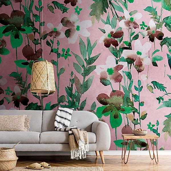 PROFHOME 382731-GU Fototapete Blumen Matt Grün Rosa Weiß Braun 3,71 m x 2,8 günstig online kaufen