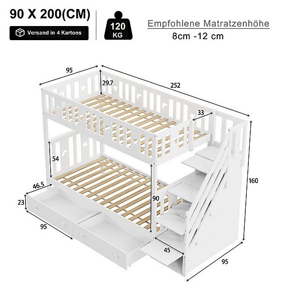 Flieks Etagenbett, Massivholz Kinderbett 90x200cm mit 2 Schubladen und Stau günstig online kaufen
