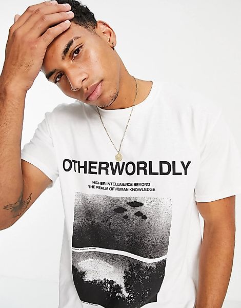 Topman – T-Shirt in Weiß mit Otherworldly-Schriftzug günstig online kaufen