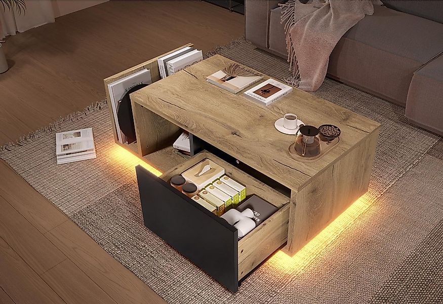 LVHOM Couchtisch Retro Sideboard mit LED & Cleverem Stauraum // Holz-Metall günstig online kaufen