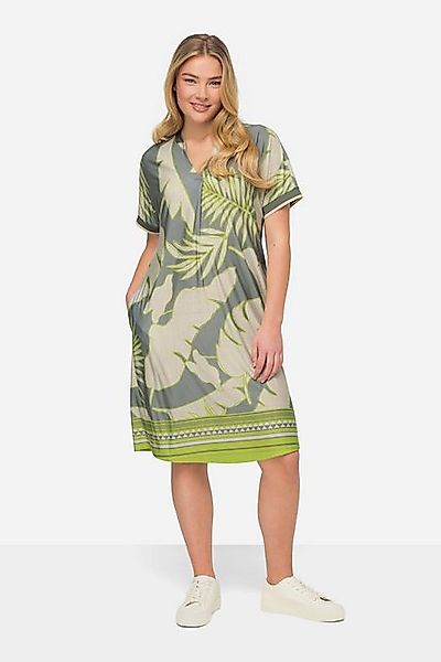 Laurasøn Midikleid Jerseykleid XL Blätter-Print V-Ausschnitt günstig online kaufen