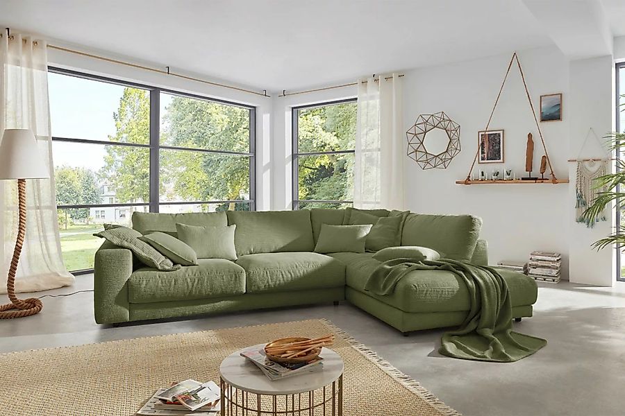B-Ware KAWOLA Sofa MADELINE Ecksofa Cord olivgrün Recamiere rechts günstig online kaufen