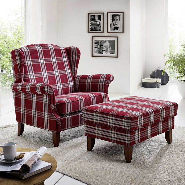 Big Sessel Karo rot im Landhausstil optional mit Fußhocker günstig online kaufen
