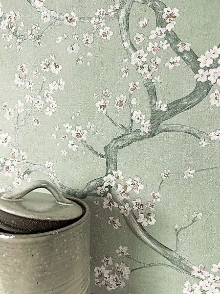 Newroom Vliestapete, Grün Tapete Floral Kirschblüten günstig online kaufen