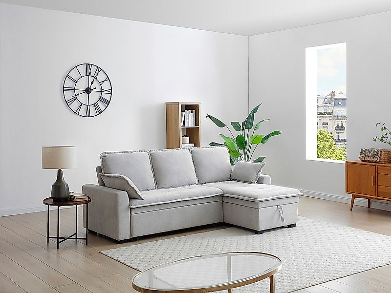 Ecksofa mit Schlaffunktion & Bettkasten – Stoff – Hellgrau – ZAKILA günstig online kaufen