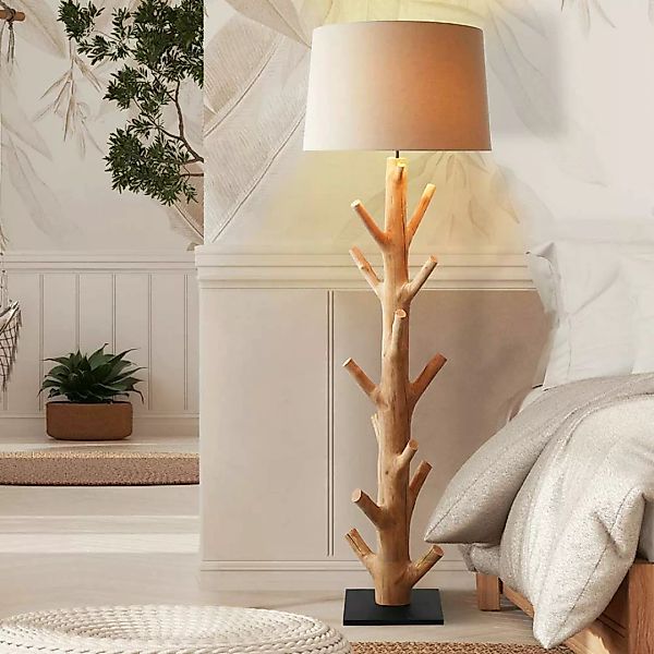 Stehlampe Holz und Stoff in Cremefarben Skandi Design günstig online kaufen
