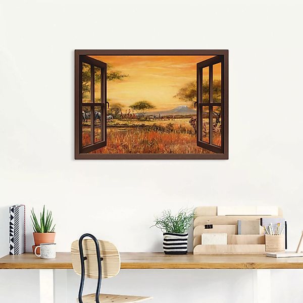 Artland Wandbild "Fensterblick Afrikanische Steppe Löwen", Fensterblick, (1 günstig online kaufen