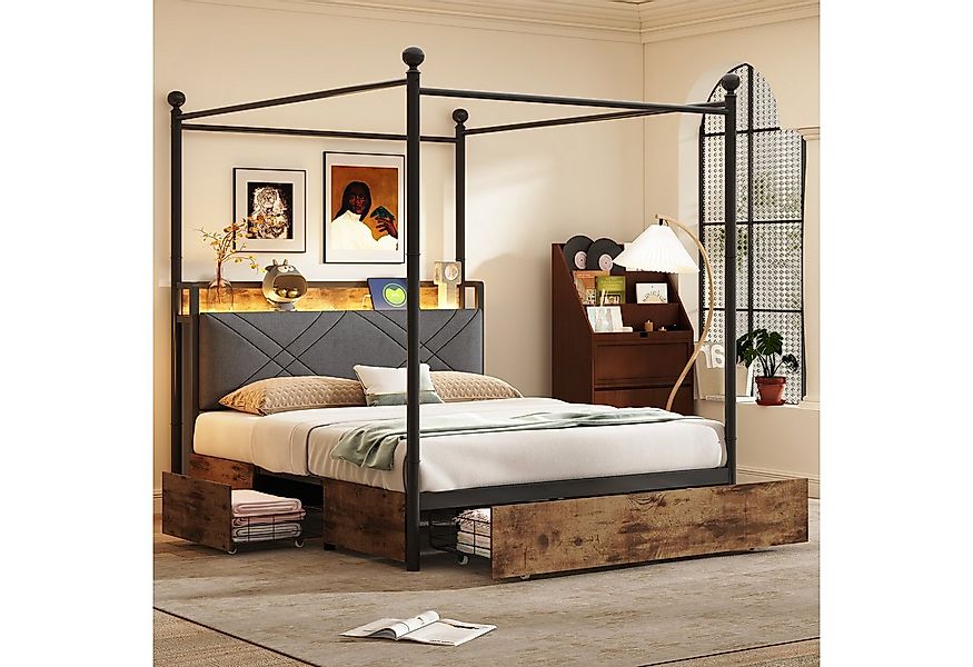 Flieks Himmelbett, Stauraumbett Metallbett 140x190cm mit 3 Schubladen, LED günstig online kaufen