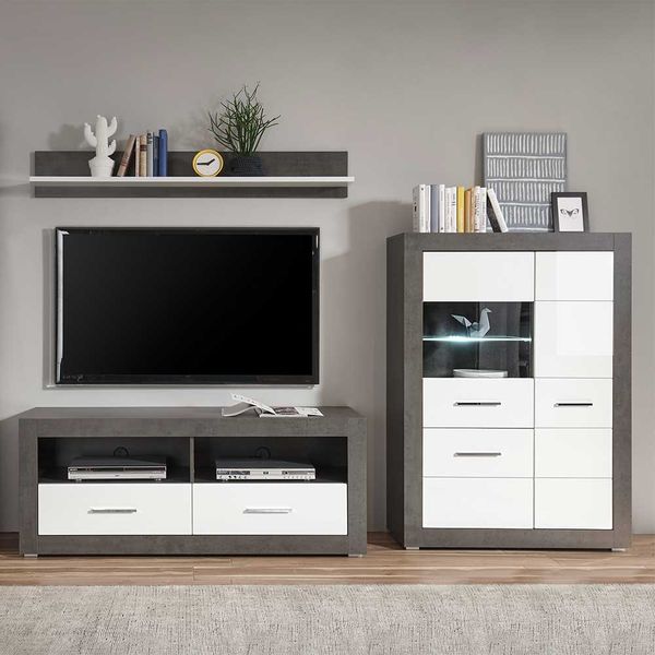 Wohnzimmerwohnwand in Weiß Hochglanz 100 cm hoch (dreiteilig) günstig online kaufen