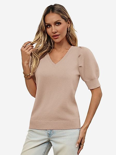 Imily Bela Stricktop Damen Halbarm Puffärmel V-Ausschnitt Top Stricken Somm günstig online kaufen