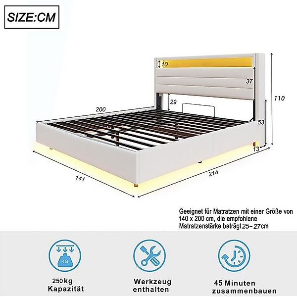 Flieks Polsterbett, LED hydraulisches Schwebebett Doppelbett 140x200cm mit günstig online kaufen