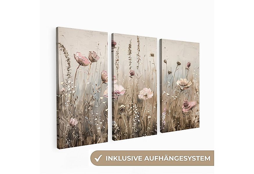 MuchoWow Leinwandbild Blumen - Beige - Modern - Rosa, Fotodruck (3 St), Wan günstig online kaufen