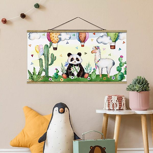 Stoffbild Tiere mit Posterleisten - Querformat Panda und Lama Aquarell günstig online kaufen