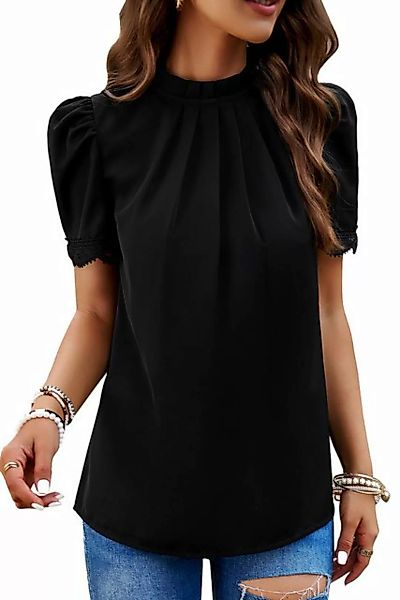 ENIX Kurzarmbluse Damen-T-Shirt mit Stehkragen plissiert Spitze kurze Ärmel günstig online kaufen