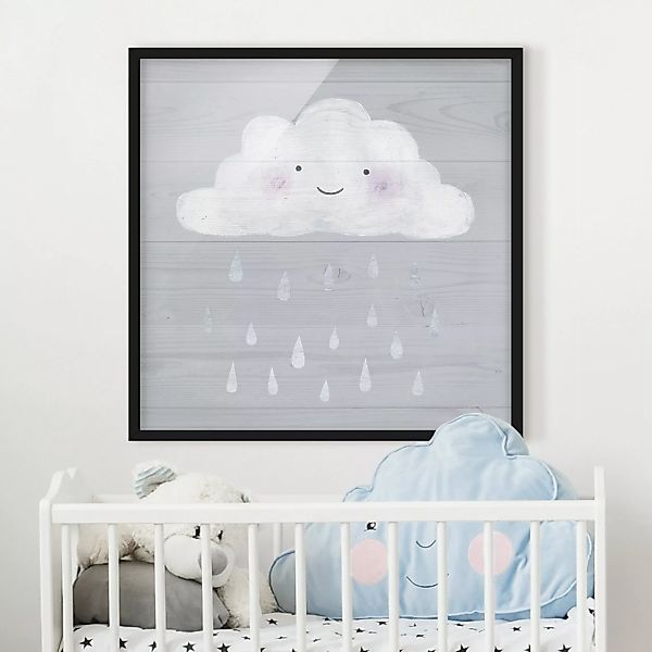 Bild mit Rahmen Kinderzimmer - Quadrat Wolke mit silbernen Regentropfen günstig online kaufen