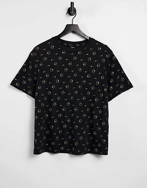 Nike – Boyfriend-T-Shirt mit All-over-Logoprint in Schwarz günstig online kaufen