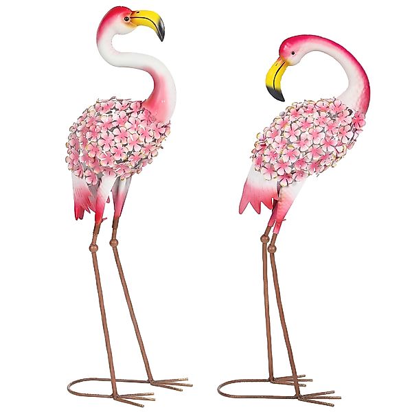 Outsunny Flamingo Gartenstatuen 2er Set, Florale Feder-Metallvögel mit Bode günstig online kaufen