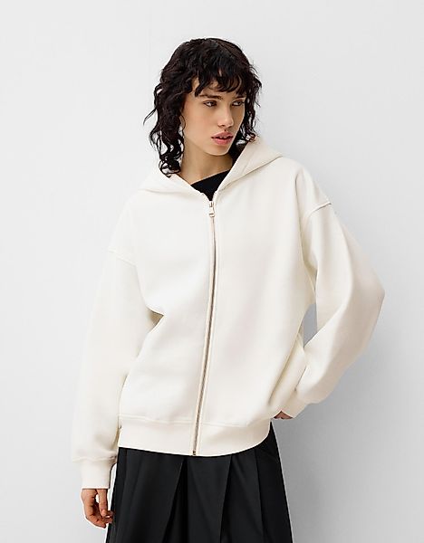 Bershka Hoodie Mit Kapuze, Reißverschluss Und Print Damen S Grbrochenes Wei günstig online kaufen