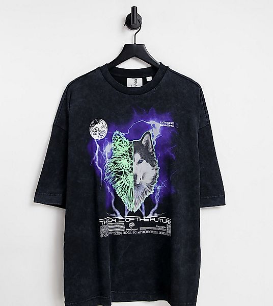 COLLUSION – Oversized-T-Shirt in verwaschenem Schwarz mit Wolf-Print günstig online kaufen