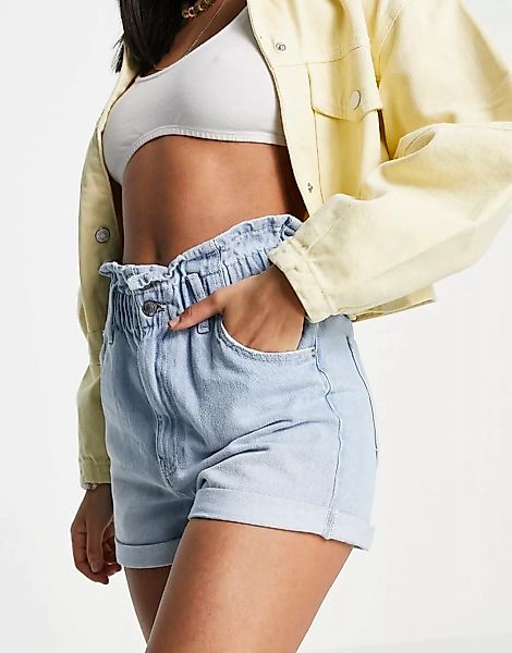 Pimkie – Jeansshorts mit hoher Paperbag-Taille in Hellblau günstig online kaufen