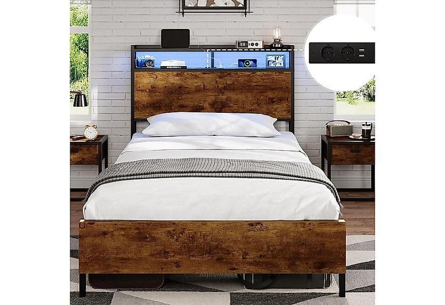 MSMASK Bett Bett mit LED Beleuchtung, Metallbett mit Steckdose, Braun, mit günstig online kaufen