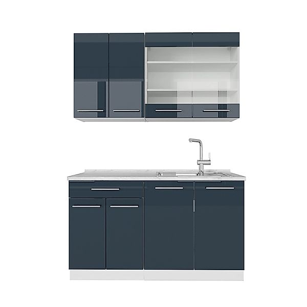 Vicco Fame-Line Küchenschränke Dunkelblau Hochglanz/Weiß 140 cm AP Marmor günstig online kaufen