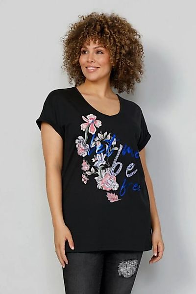 MIAMODA Rundhalsshirt T-Shirt oversized Blumendruck V-Ausschnitt günstig online kaufen