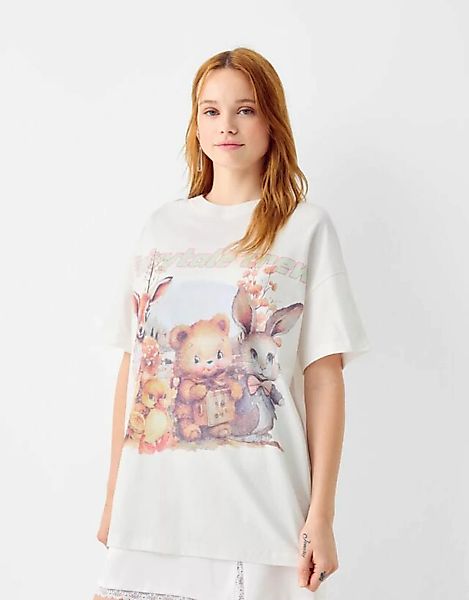 Bershka T-Shirt Mit Print Damen M Rohweiß günstig online kaufen