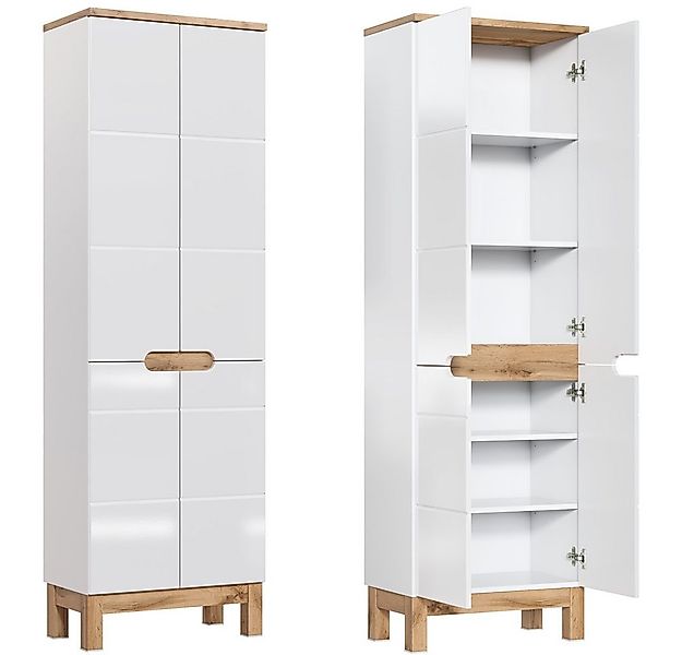 Lomadox Hochschrank SOLNA-56 mit 4 Türen Hochglanz weiß mit Wotaneiche, BxH günstig online kaufen