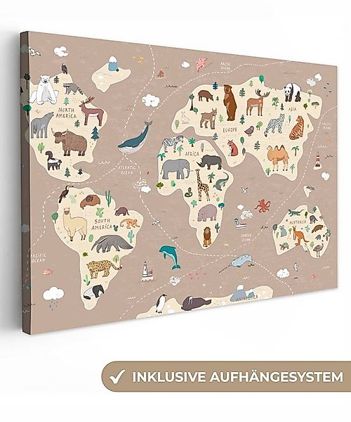 OneMillionCanvasses® Leinwandbild Weltkarte Kinder - Tiere - Braun - Jungen günstig online kaufen