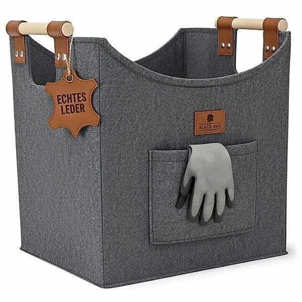 BLACK OAK Holzkorb MONTANA XL 60L Grau aus Filz mit Echtleder Applikationen günstig online kaufen