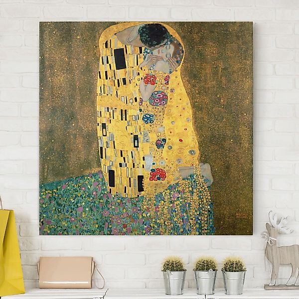 Leinwandbild Kunstdruck - Quadrat Gustav Klimt - Der Kuß günstig online kaufen