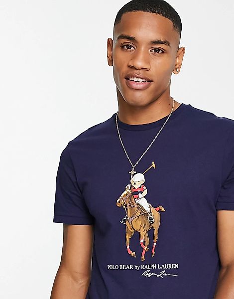 Polo Ralph Lauren – T-Shirt in Marineblau mit Polospieler-Bärenprint günstig online kaufen