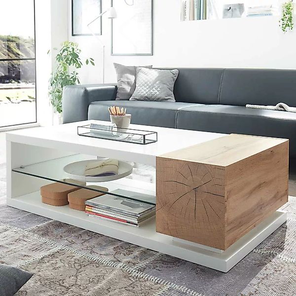 Wohnzimmer Tisch in Weiß und Eichefarben Glasablage günstig online kaufen