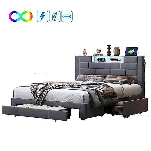 FUROKOY Polsterbett LED Doppelbett Funktionbett mit Stauraumkopfteil, 140x2 günstig online kaufen