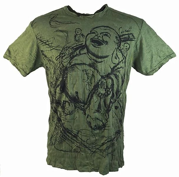 Guru-Shop T-Shirt Sure Herren T-Shirt Happy Buddha - olive Goa Style, Festi günstig online kaufen