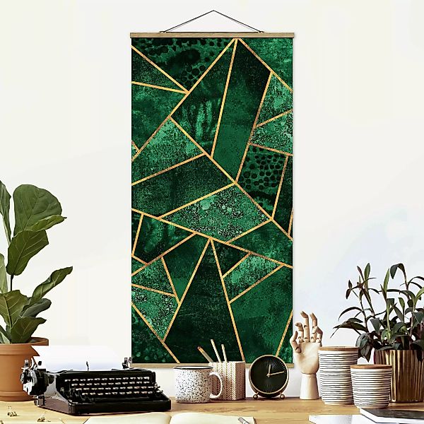 Stoffbild Abstrakt mit Posterleisten - Hochformat Dunkler Smaragd mit Gold günstig online kaufen