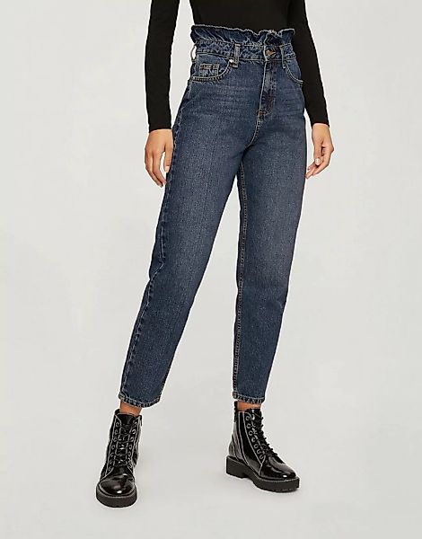 Miss Selfridge – Mom-Jeans mit Rüschendetail in Blau günstig online kaufen