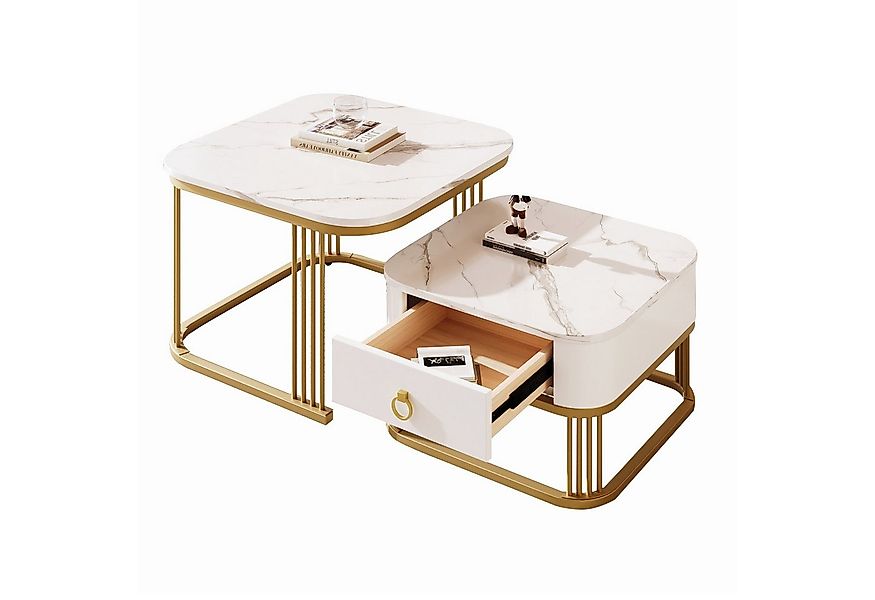 Merax Couchtisch Set Marmoroptik mit Schublade, Beistelltisch hochglanz, Sa günstig online kaufen