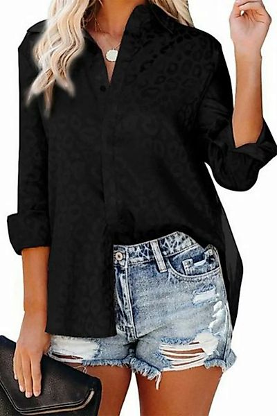 B.X T-Shirt Damen Schwarz Leoparden-Flecken-Button-Down-Hemden langärmelig günstig online kaufen